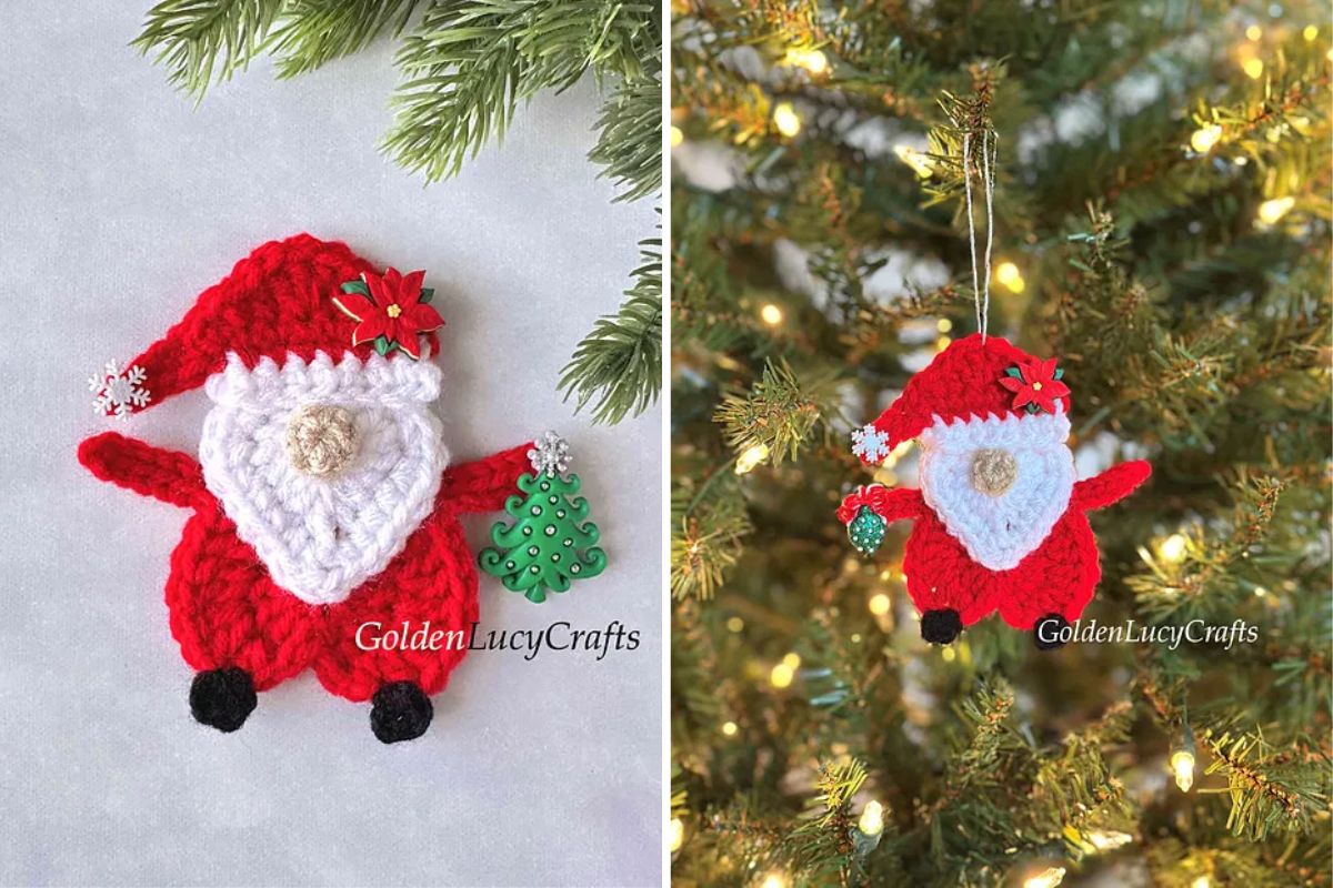 This charming crochet Santa Gnome ornament, crocheted in red and white, holds a small green Christmas tree. Delightfully displayed on a surface or nestled among twinkling lights on your festive tree, it adds a touch of whimsical cheer to any holiday decor.