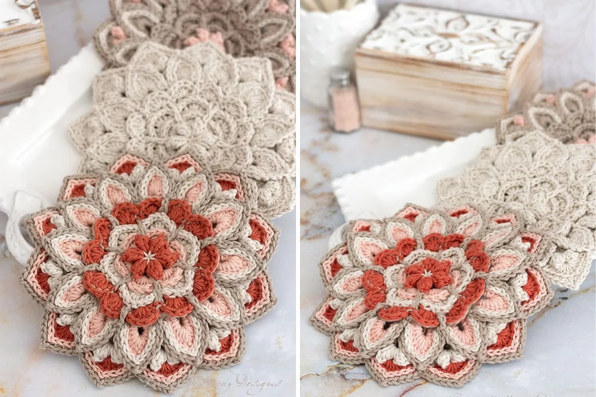 an intricate crochet flower trivet