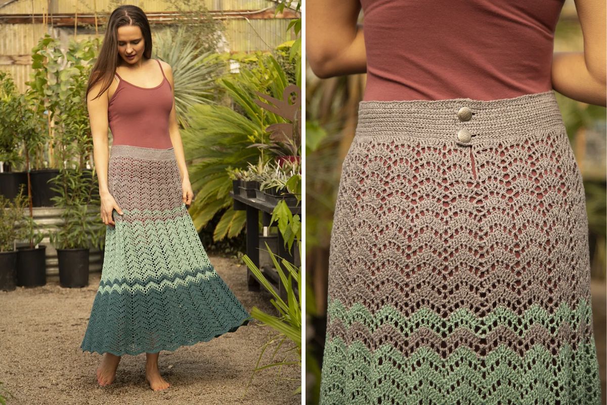 A woman in a pink top models an Eventide multicolored crochet skirt in an outdoor plant nursery. A close-up reveals the skirt's intricate pattern and button details, capturing the essence of twilight hues.