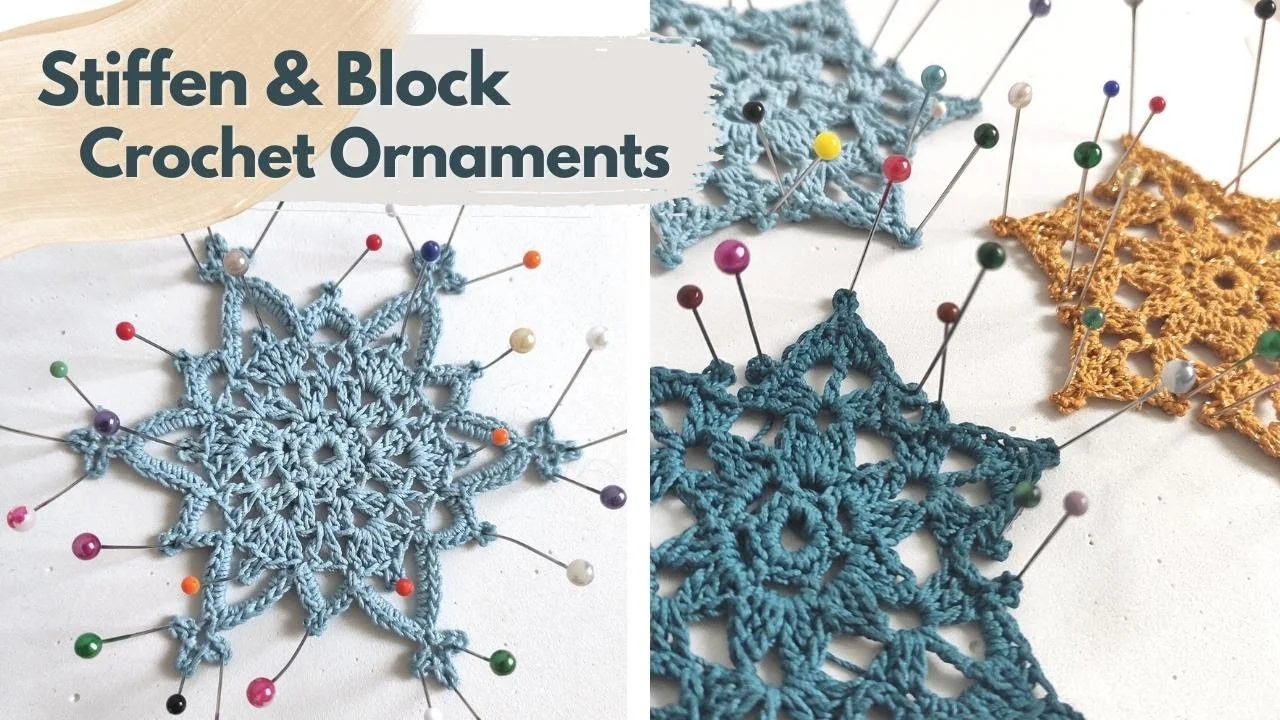 Discover how to block and stiffen blue and gold crochet ornaments using pins for the perfect finish. Text reads "Stiffen & Block Crochet Ornaments.