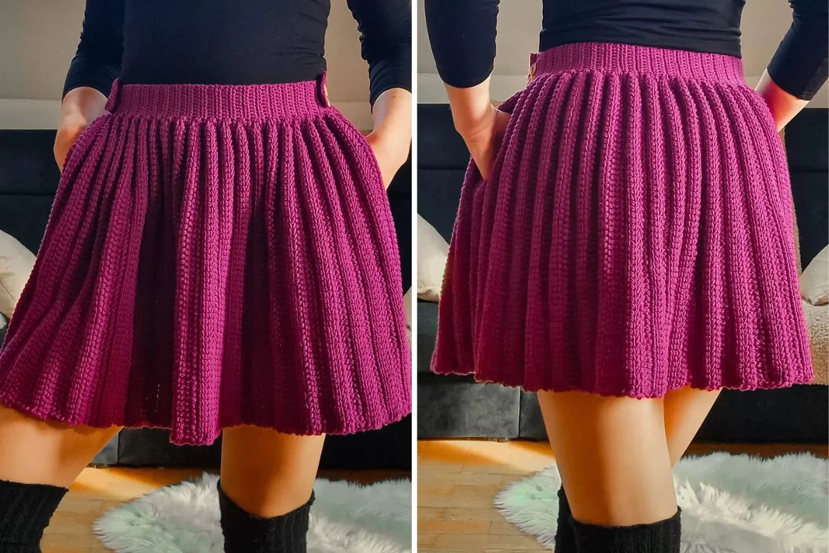 A person wearing a pleated, purple crochet skirt.