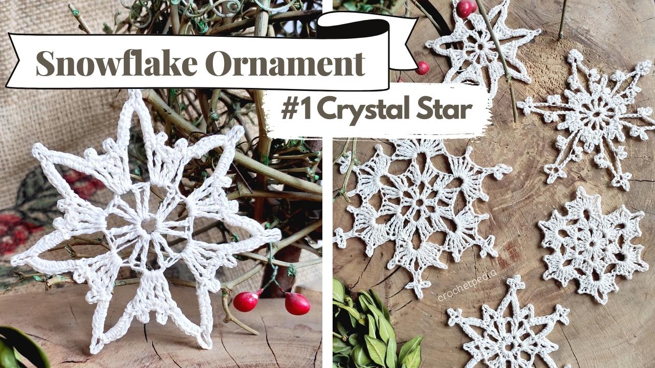 Crocheted crystal star snowflake ornaments are artfully arranged on a wooden surface with greenery and berries. A dazzling, larger ornament is prominently displayed on the left.