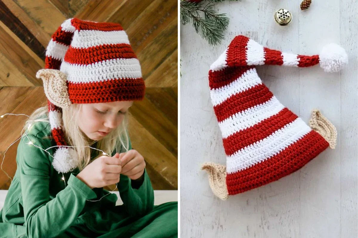 A girl dons a red and white striped crochet Elf Hat with crochet ears, embodying Santa's Helper spirit, while the same hat rests neatly on the table beside her.