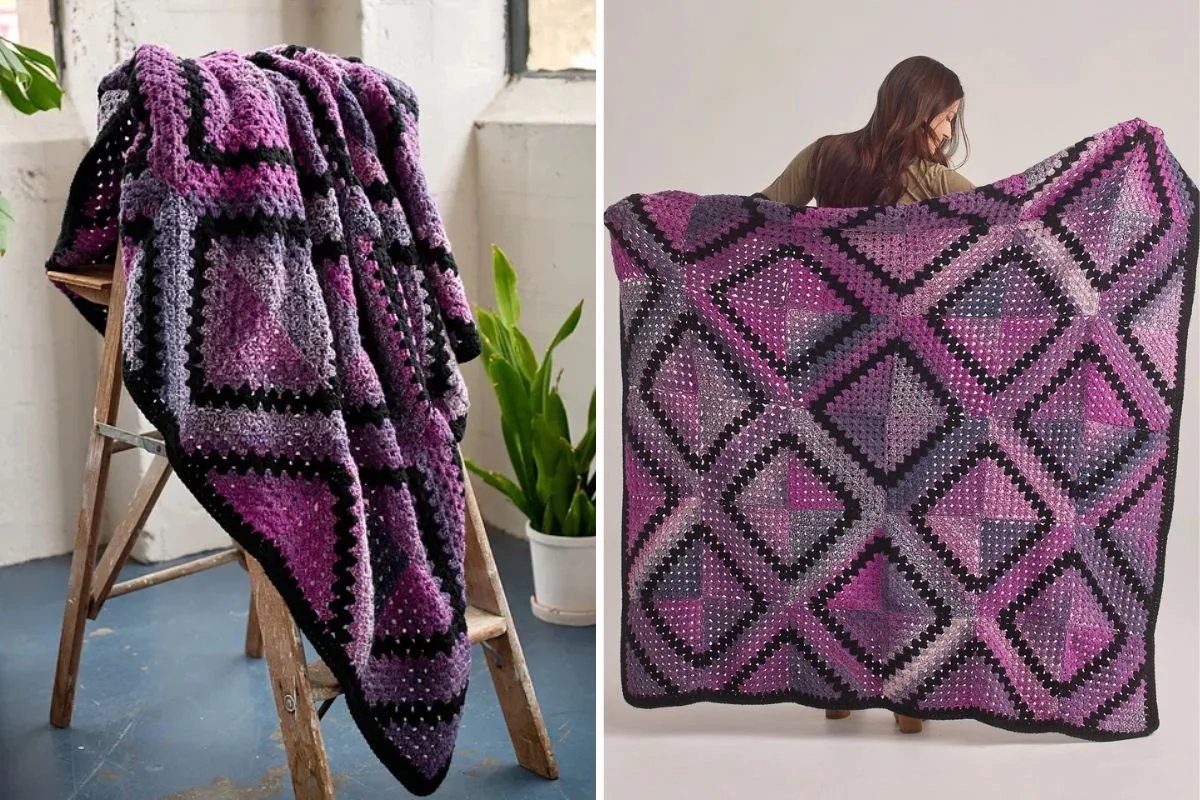 A crocheted purple and black blanket featuring a diamond pattern is elegantly displayed on a chair. It drapes gracefully, much like how a stylish mini skirt might hang, hinting at textured layers.