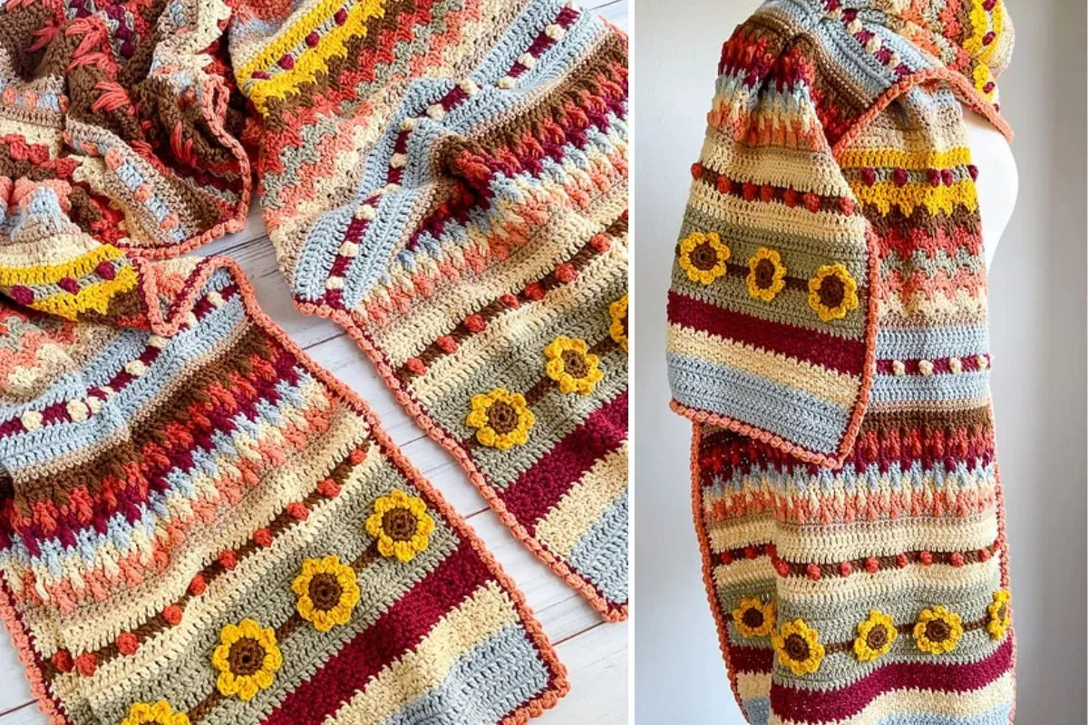 A colorful crochet scarf, featuring vibrant stripes and yellow flower patterns. Draped elegantly on a mannequin and laid out flat, it captures the essence of autumn in every stitch.