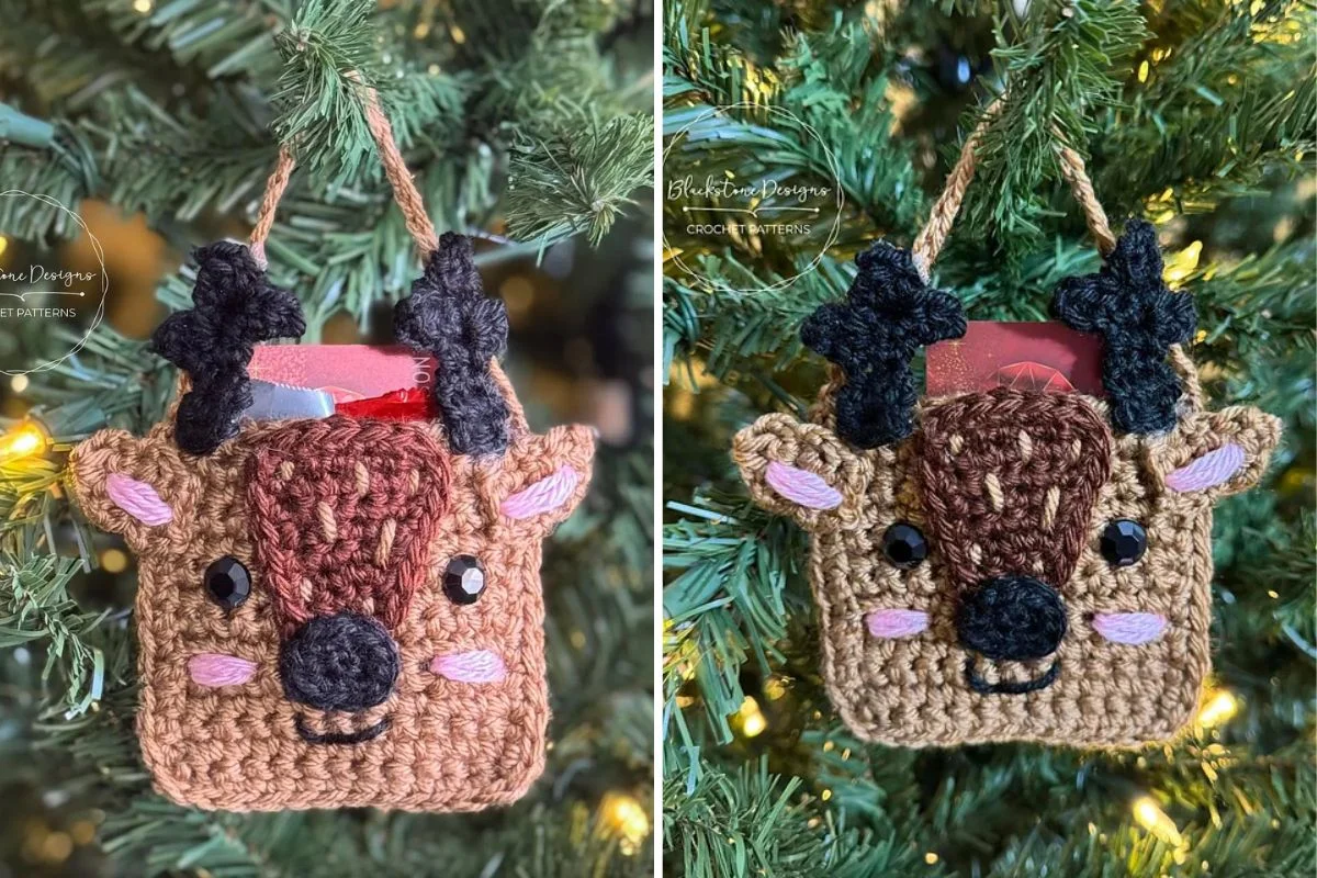 The crocheted reindeer ornament doubles as a charming treat bag, hanging gracefully on the tree and holding a small red item in its cozy pocket.