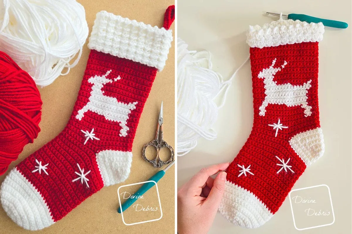 Two images showcasing a crocheted red and white Christmas stocking with a reindeer design, accompanied by yarn, a crochet hook, and scissors—perfect elements for crafting cozy sweaters.