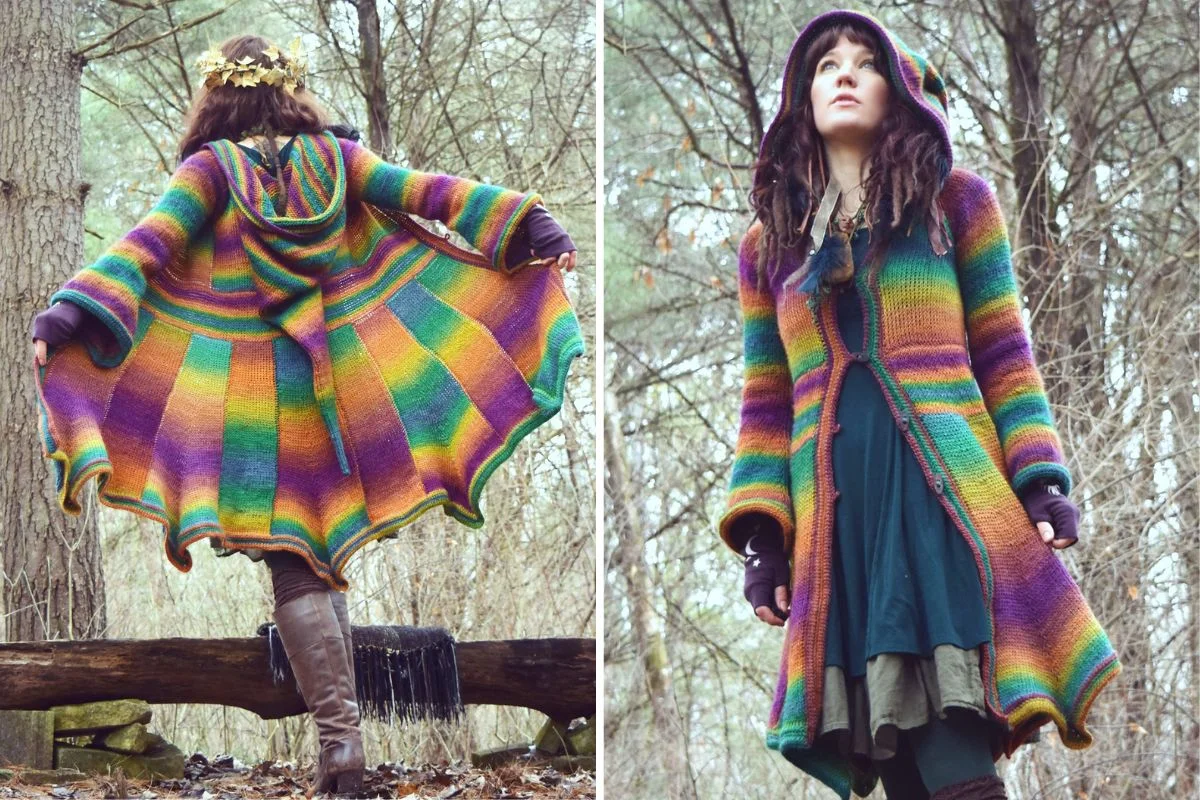 a woman wearing a colorful crochet elf coat