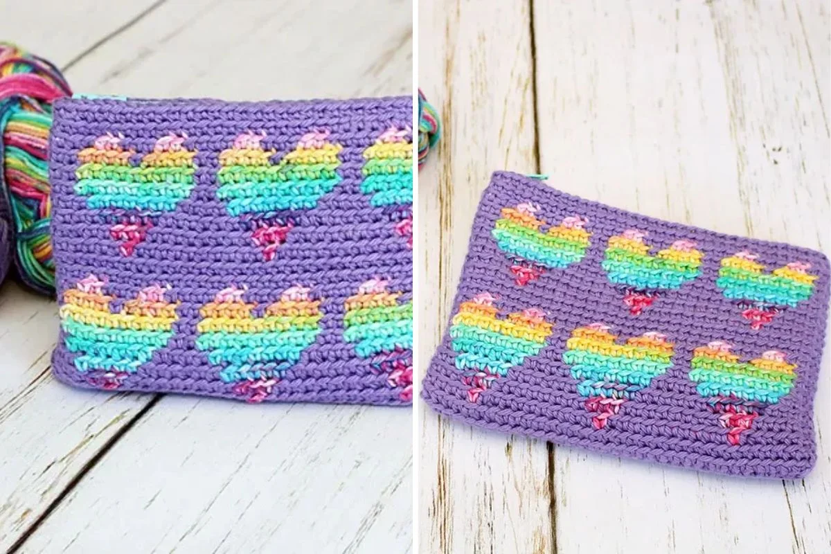 Two images of a purple crocheted pouch with rainbow heart patterns and a multicolored yarn ball in the background.