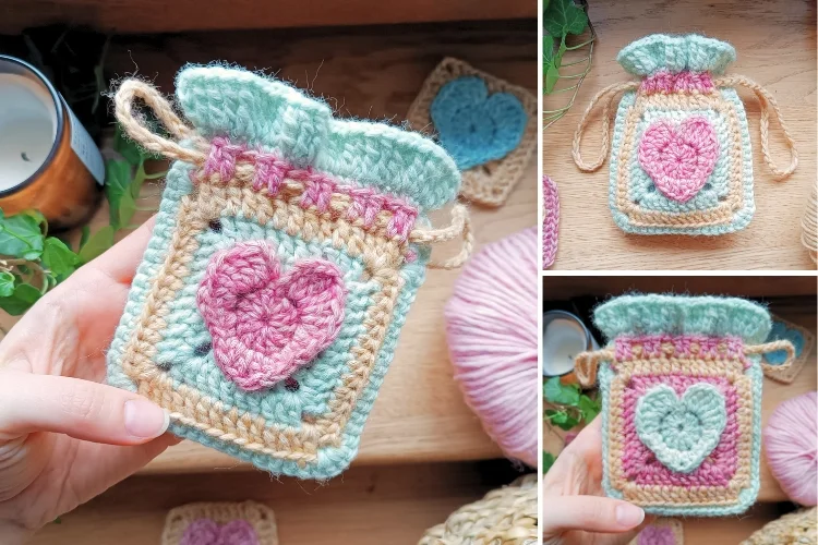 3d heart drawstring bag free crochet pattern