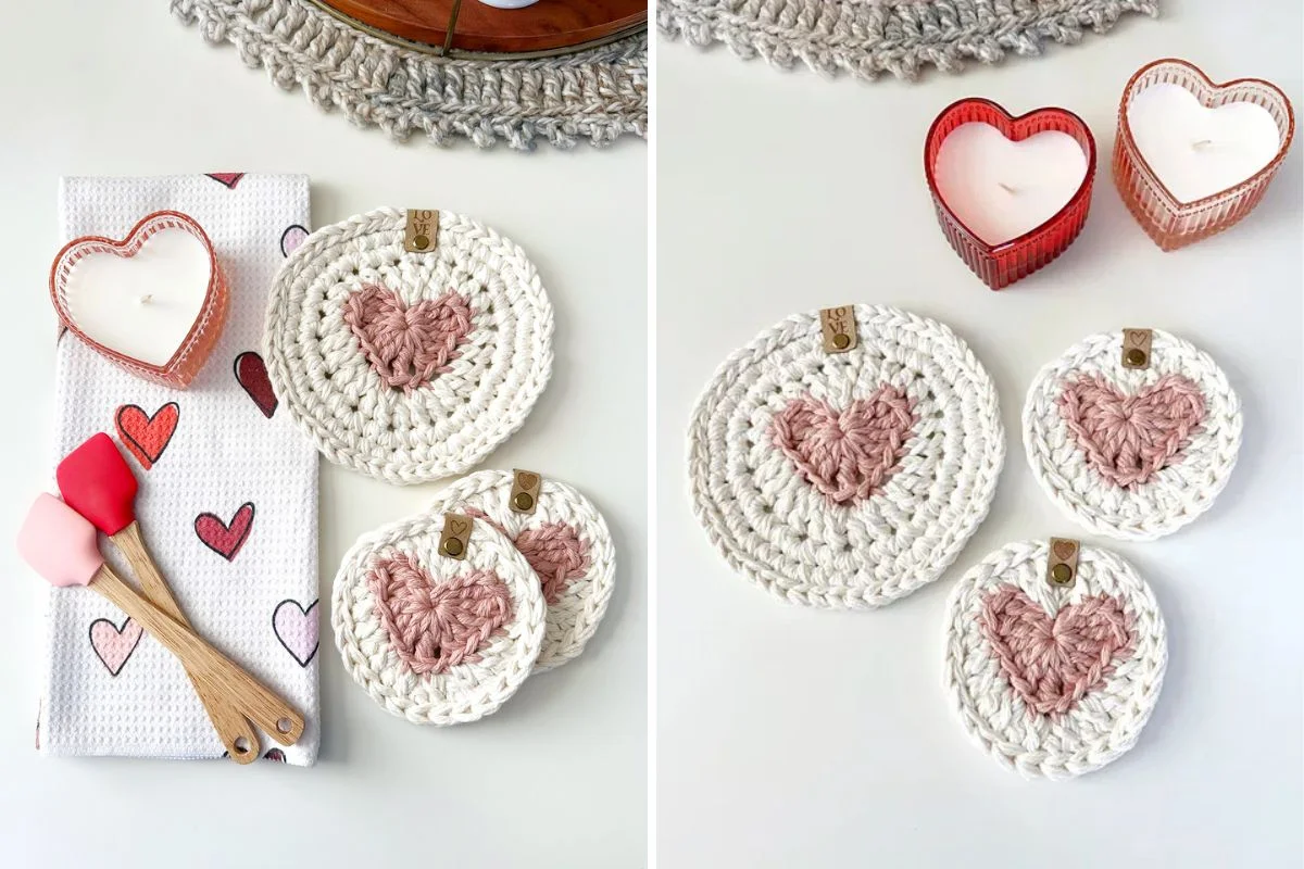 Crocheted heart coasters with pink designs accompany heart-shaped candles, a heart-patterned towel, and wooden-handled spatulas on a white surface. These lovely pieces double as hot pads to protect your surfaces with style.