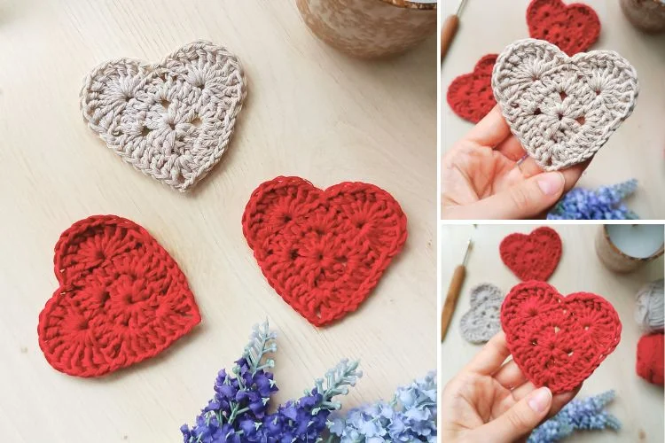 Crocheted heart-shaped coasters in red and beige are displayed on a table, crafted with a charming granny square pattern. A hand holds one coaster in two of the images. Surrounding them, purple flowers and a candle add to the cozy ambiance.