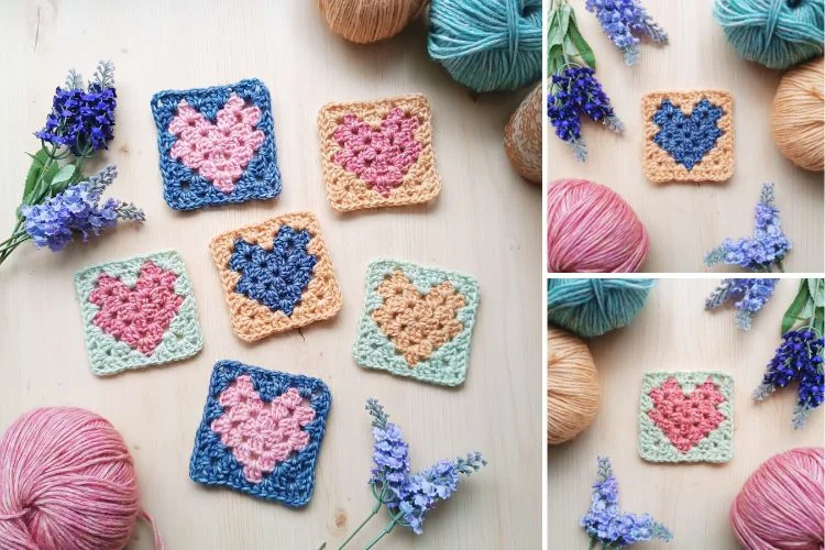 Crocheted squares with heart designs are arranged on a wooden table, surrounded by balls of yarn, a delicate crochet headband, and sprigs of purple flowers.