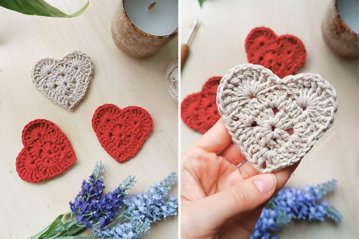 Two images display charming crochet hearts in red and beige.