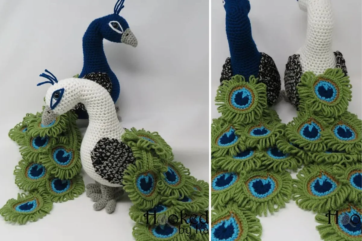 Two crocheted peacocks, one white and one blue, flaunt their vibrant green, blue, and brown tail feathers. Displayed against a plain backdrop, these intricately designed birds bring to mind the elegance of The Maeve Pullover collection.