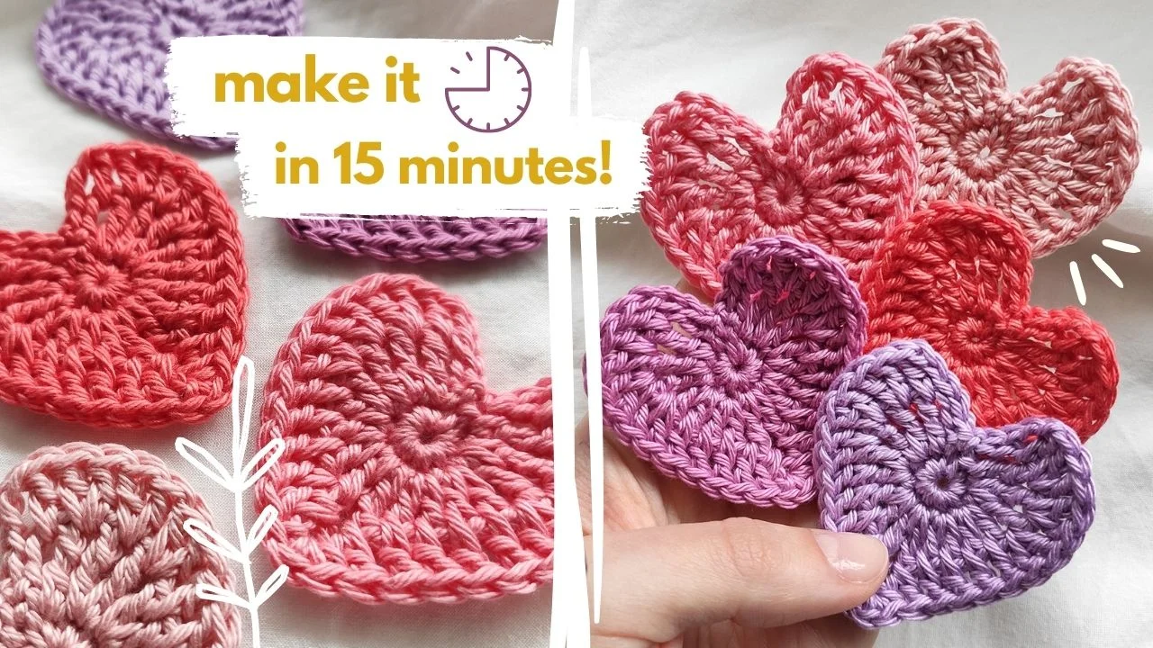 Crocheted pink and purple granny heart shapes with text reading "make it in 15 minutes!" and a hand holding some of them.