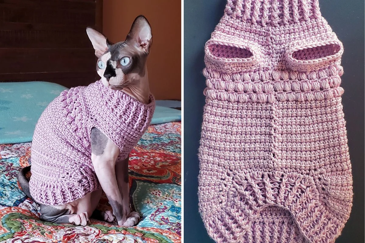 A Sphynx cat dons a crocheted purple cardigan on the left, showcasing its cozy style, while the same sweater lies flat with mesh-like arm and neck holes on the right.