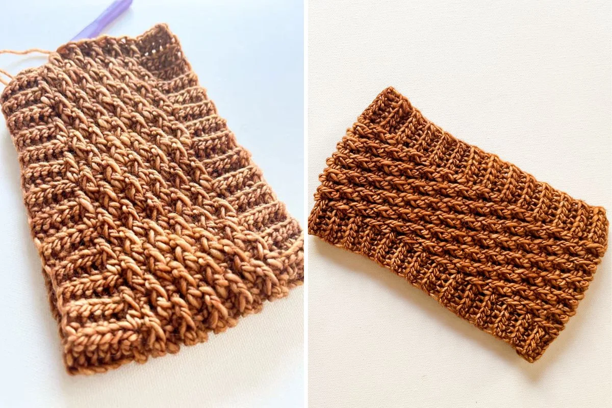 Side-by-side view of a brown textured crochet rectangle with a hook on the left and a completed cylinder-shaped crochet piece on the right.