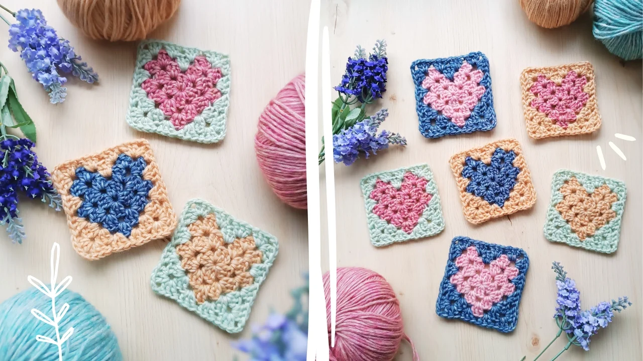 Colorful crochet squares with heart patterns are arranged on a wooden surface, surrounded by December snowflake motifs. Balls of yarn and sprigs of purple flowers add a cozy touch to the scene.