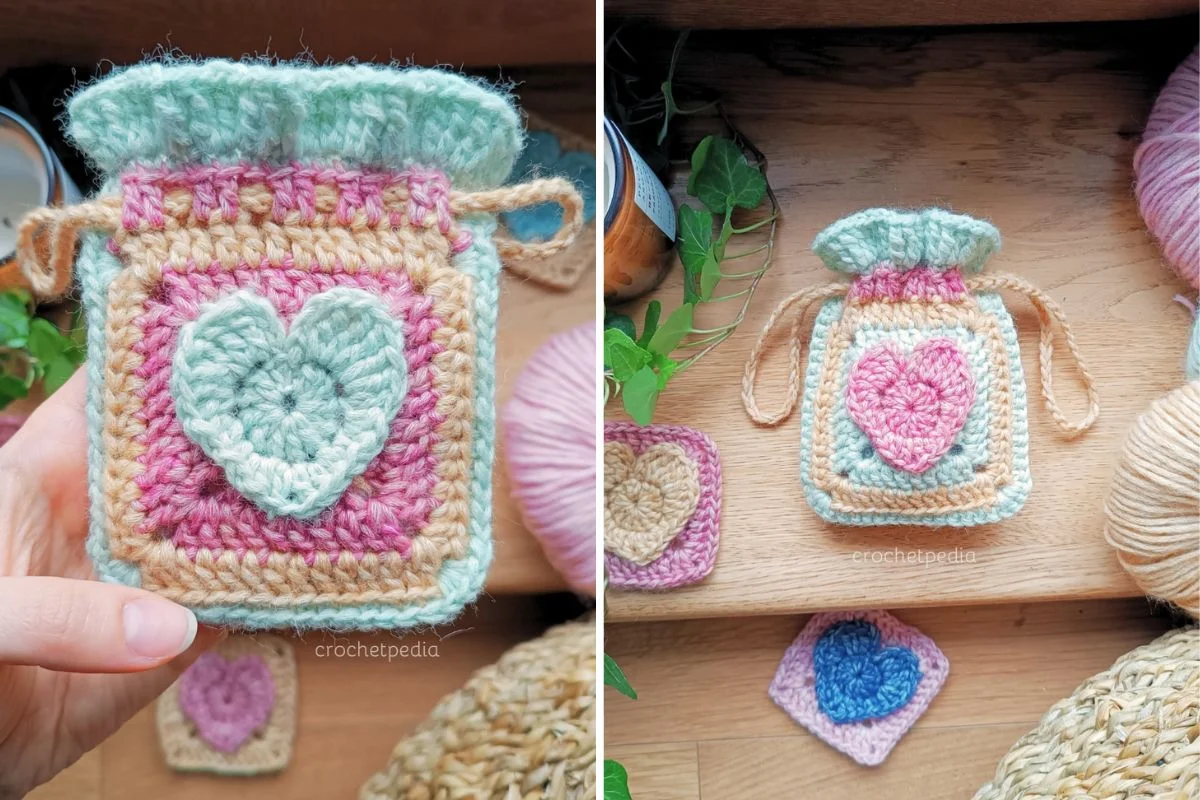 a crochet drawstring bag made of a granny square with a 3D heart motif