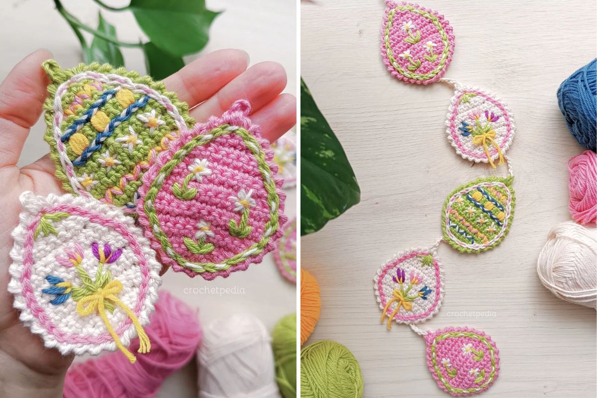 crochet Easter egg ornaments with embroidery embellishments