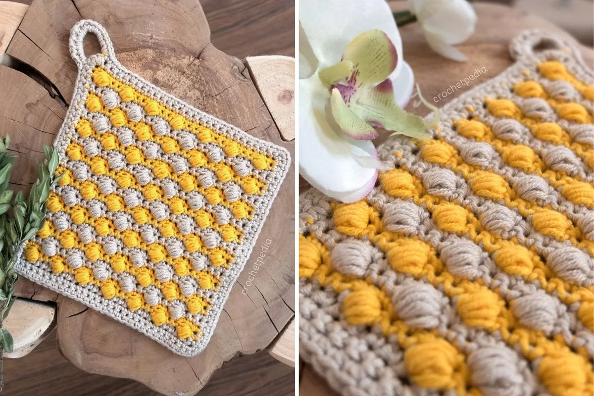 a crochet potholder made with puff stitches in two colors