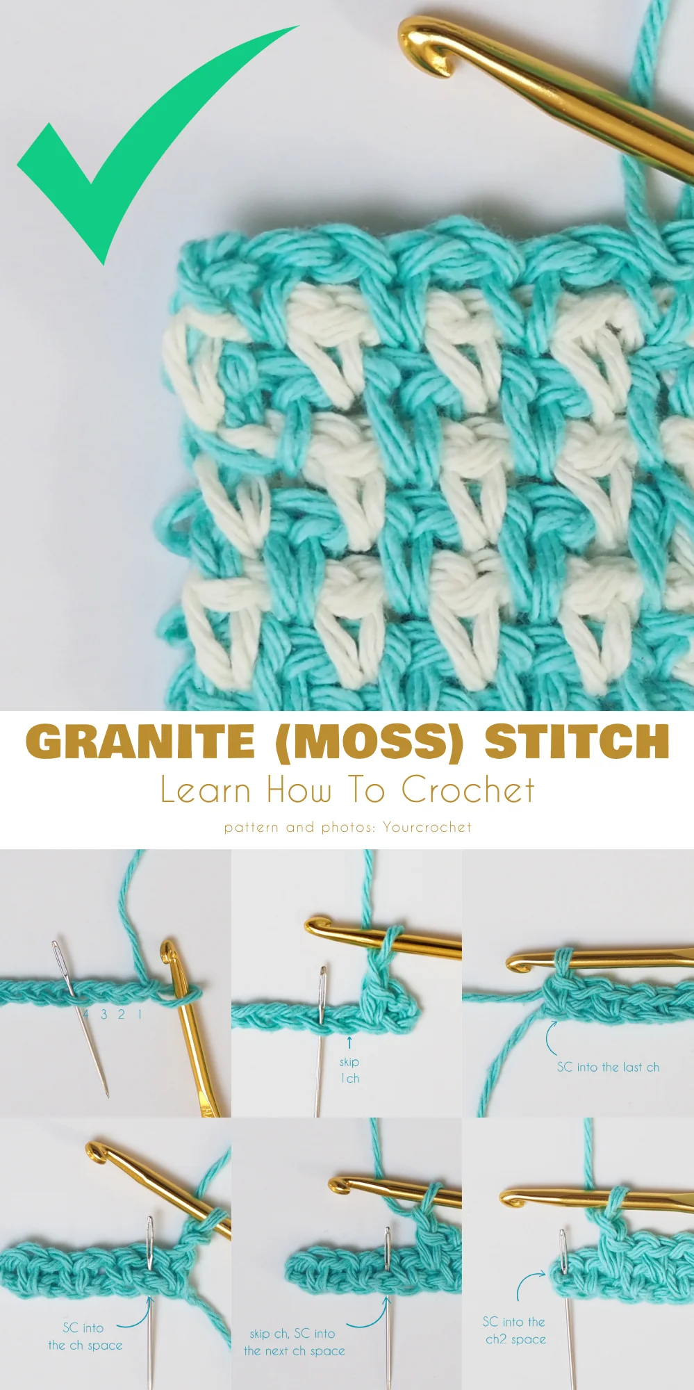 Granite Moss Stitch crochet step by step photo tutorial