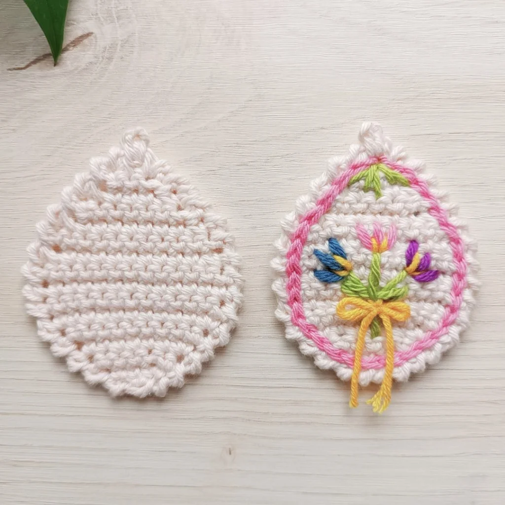 comparison of blank crochet egg and embroidered one