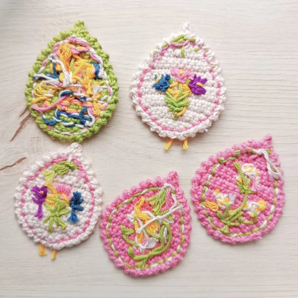 wrong side of the embroidered crochet easter egg decors