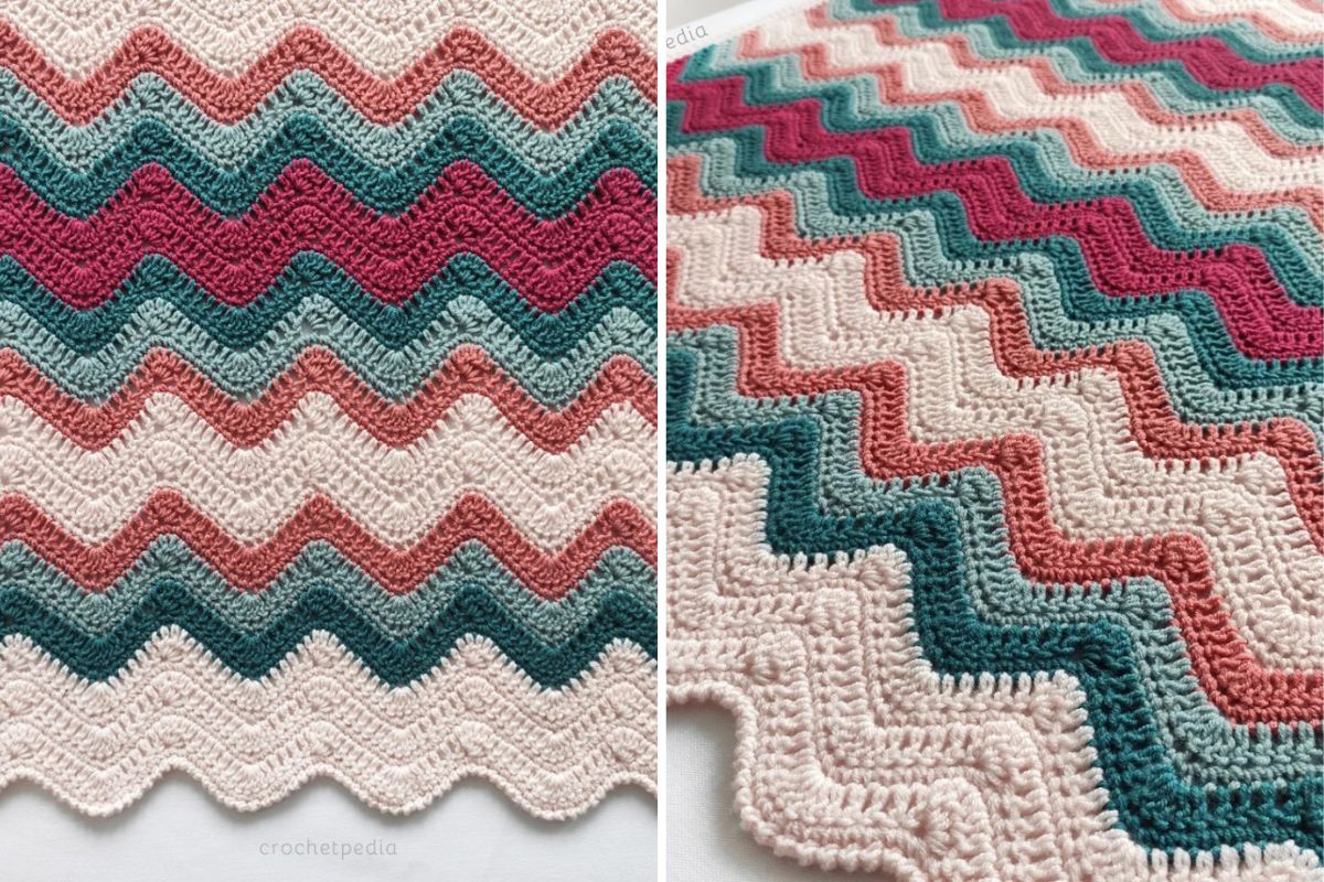 a crochet baby blanket with a colorful wavy design