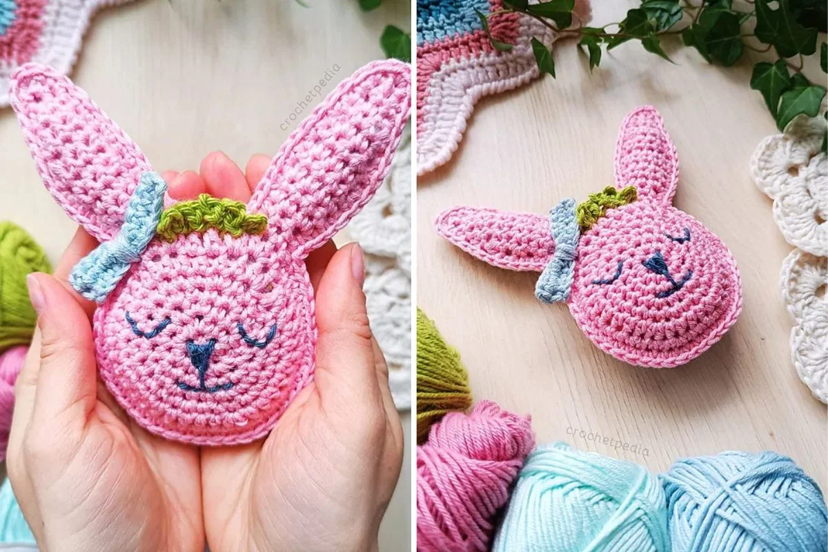 a crochet ragdoll bunny in pink