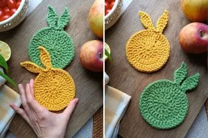 two crochet bunny-shaped coasters