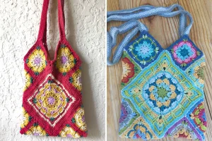 two colorful crochet tote bags with an intricate flower design