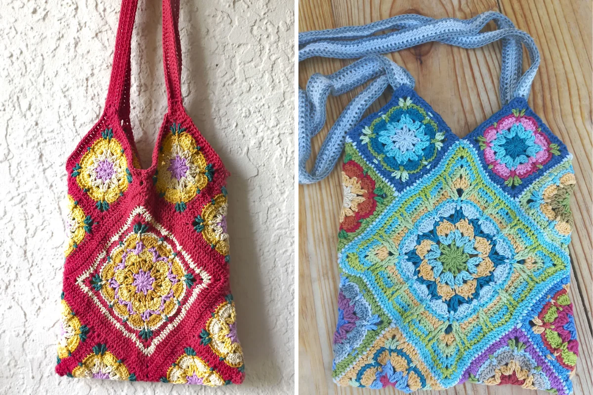 two colorful crochet tote bags with an intricate flower design