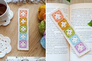 a crochet bookmark made of small granny squares in different colors