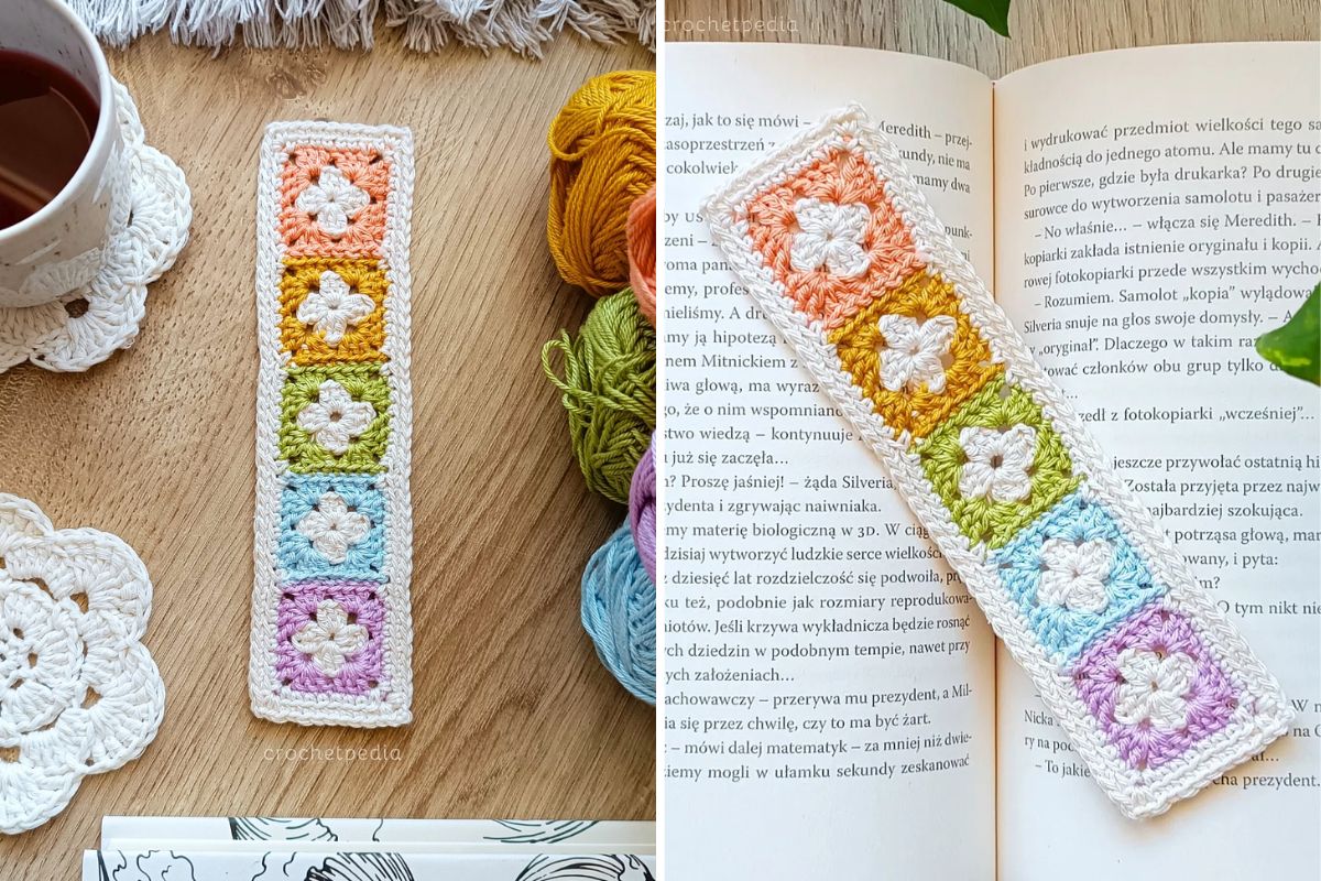a crochet bookmark made of small granny squares in different colors