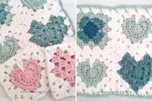 a set of crochet granny squares with a heart motif