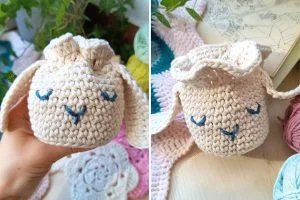 a crocheted drawstring pouch with a sheep face and ears