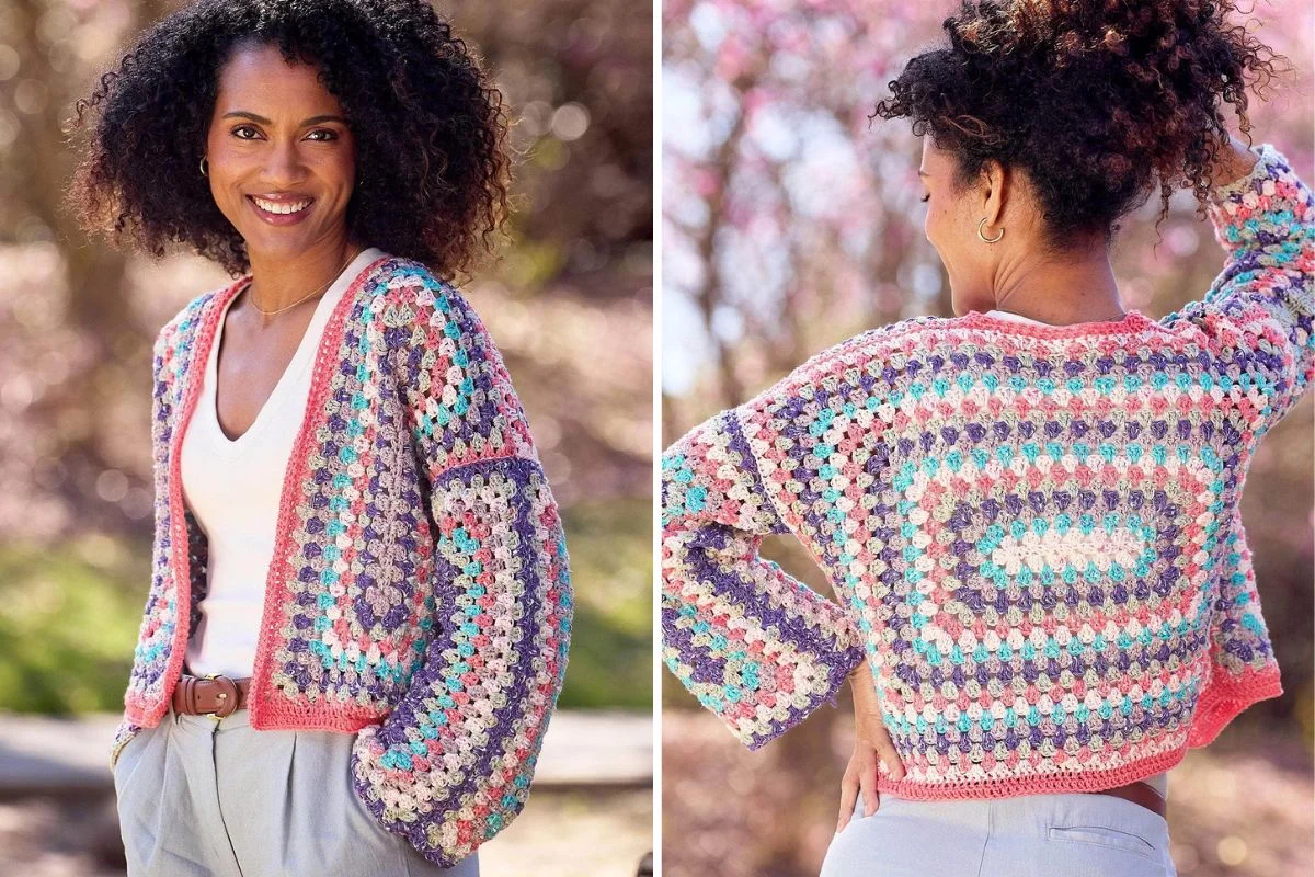 a crochet hexi cardigan in spring colors