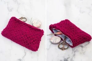 a stylish crochet pouch in purple
