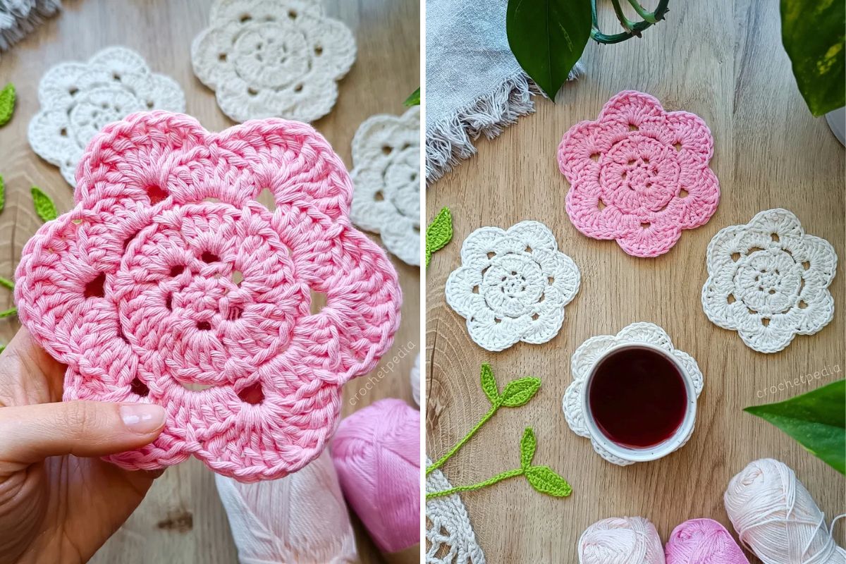 a set of crochet flower coasters in pink and white