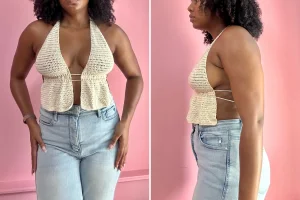 two pictures of a woman wearing white crochet top with ruffle
