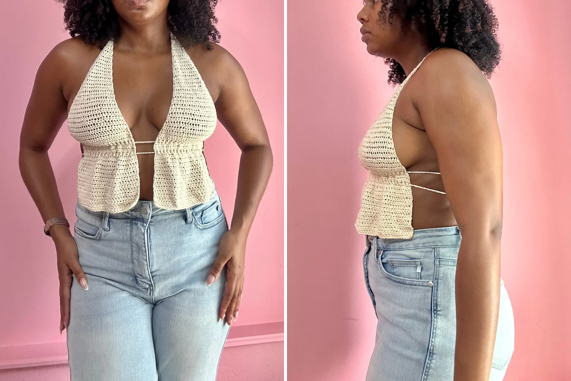 two pictures of a woman wearing white crochet top with ruffle