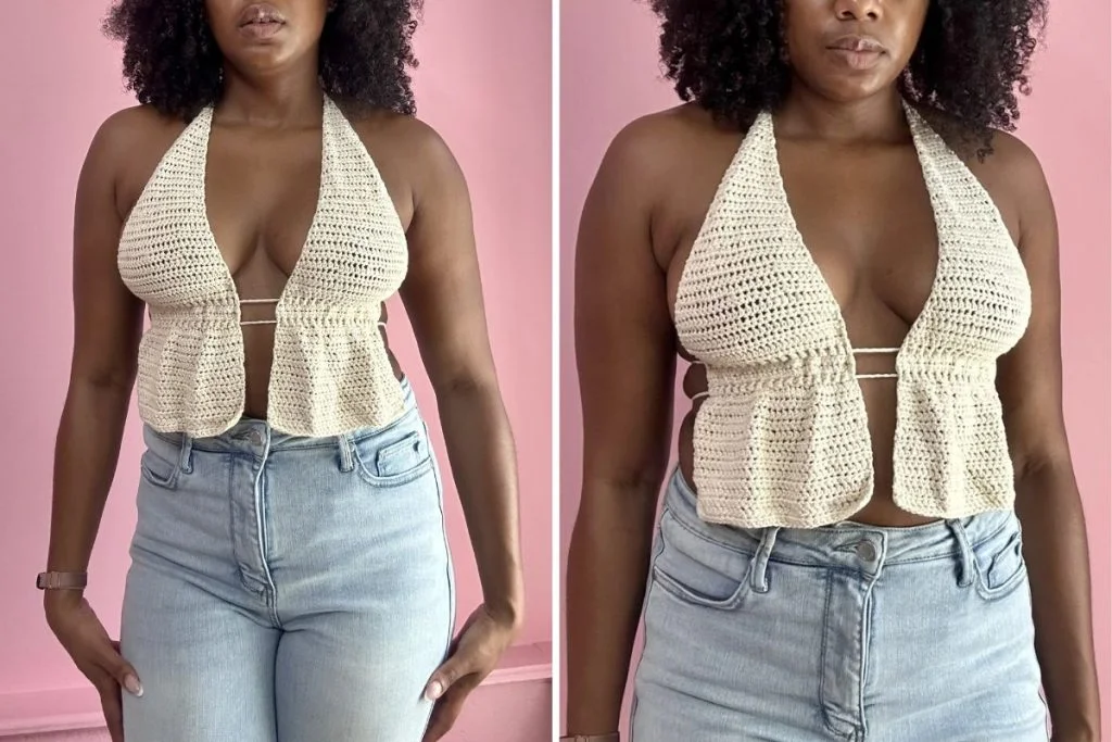 a crochet top with halter neck and ruffled bottom