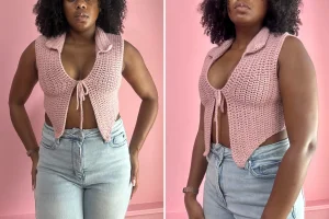 two pictures of a woman wearing tie front crochet top in pink color