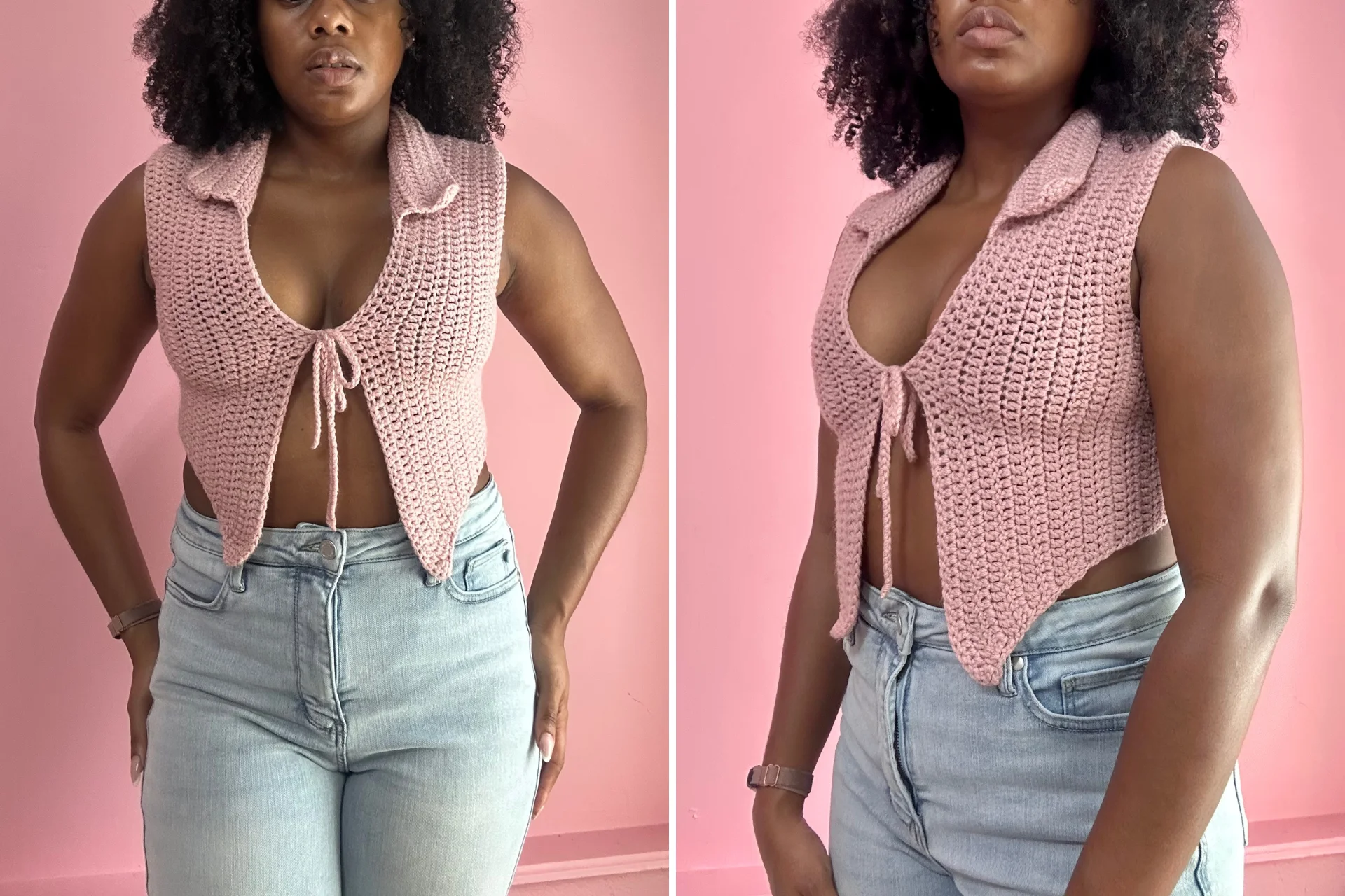 two pictures of a woman wearing tie front crochet top in pink color