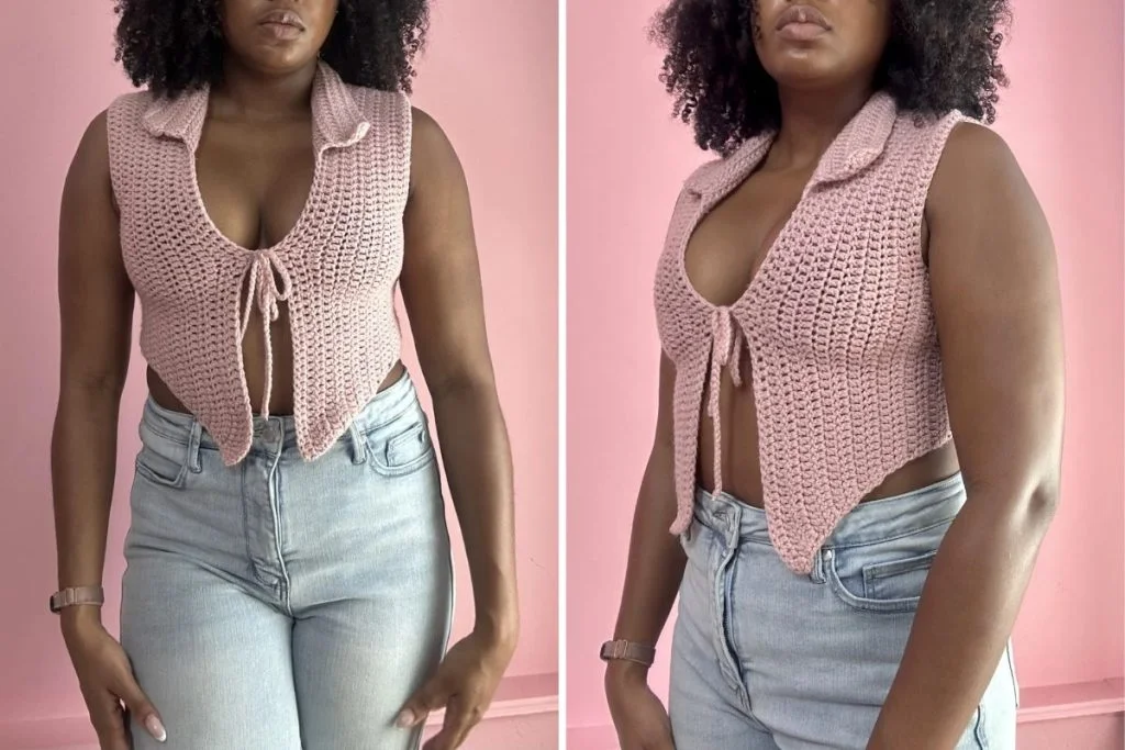 a pink crochet top with a front tie closure and collar