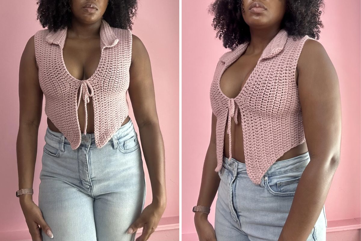 a pink crochet top with a front tie closure and collar