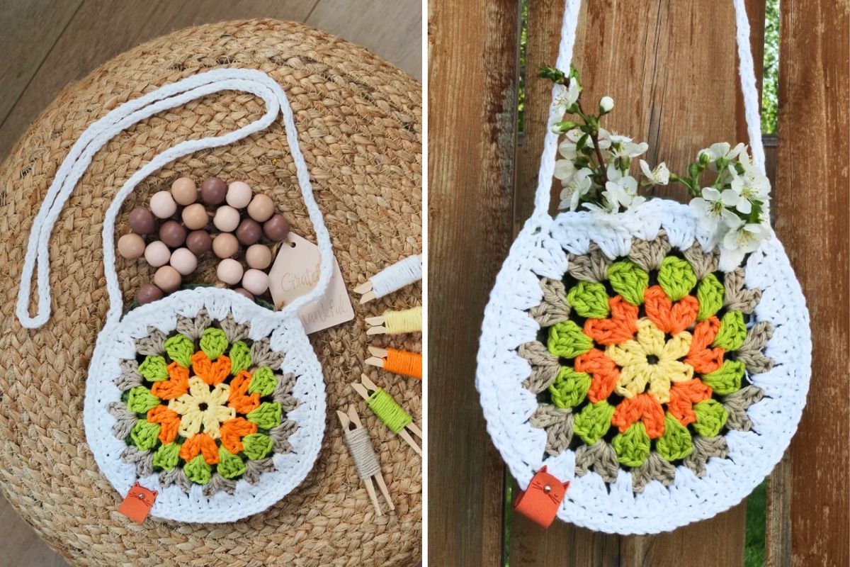 a round crochet bag worked with granny stitches