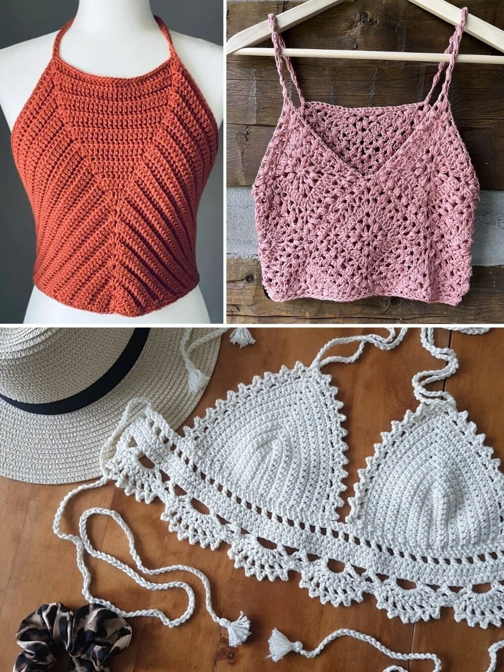 a set of stylish crochet crop tops in different colors
